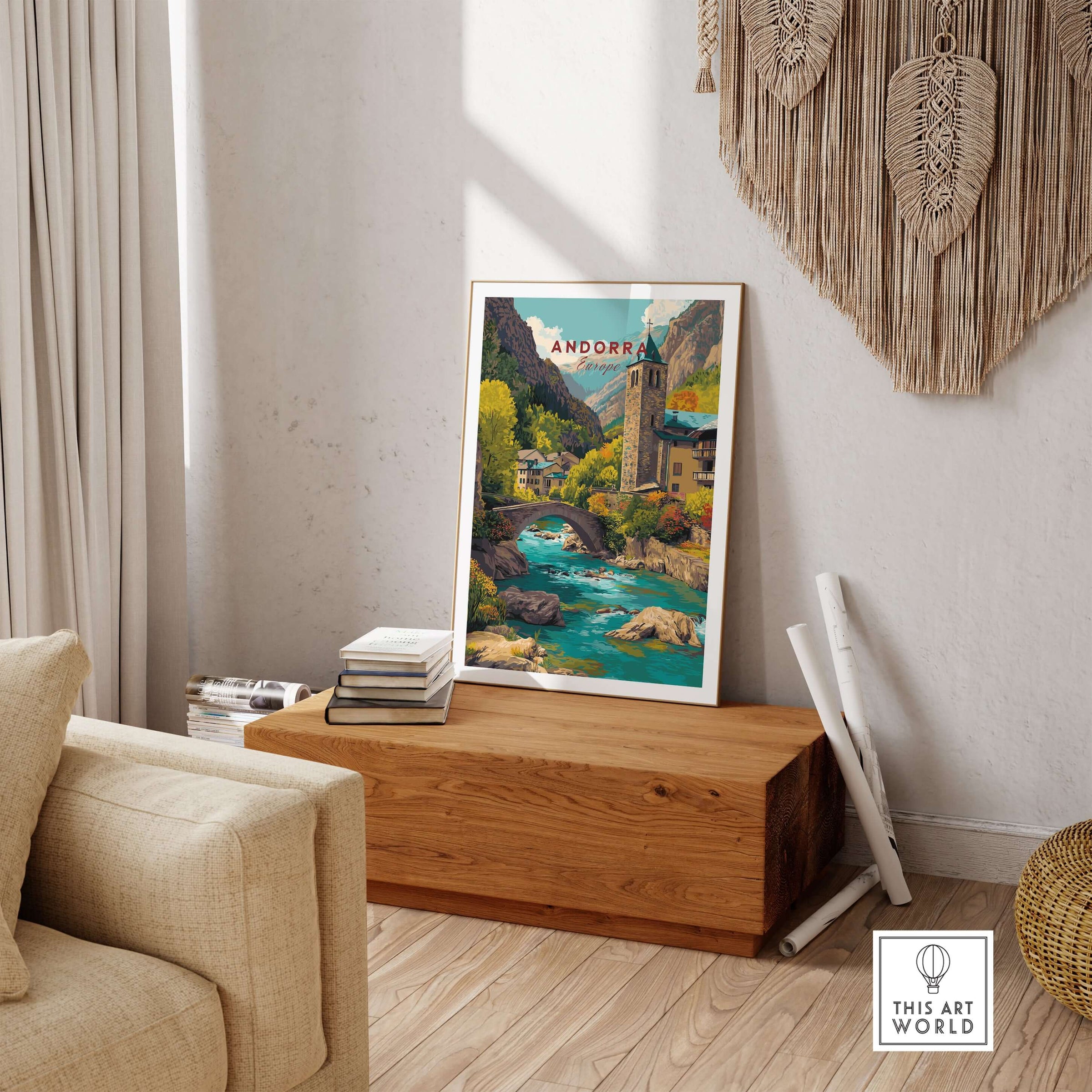 Andorra Valira River Valley Village Print | European Mountain Wall Decor displayed in a cozy living room setting.