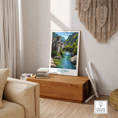 Andorra Old Town River Bridge Art Print | Pyrenees Architecture Poster displayed in a stylish living room.