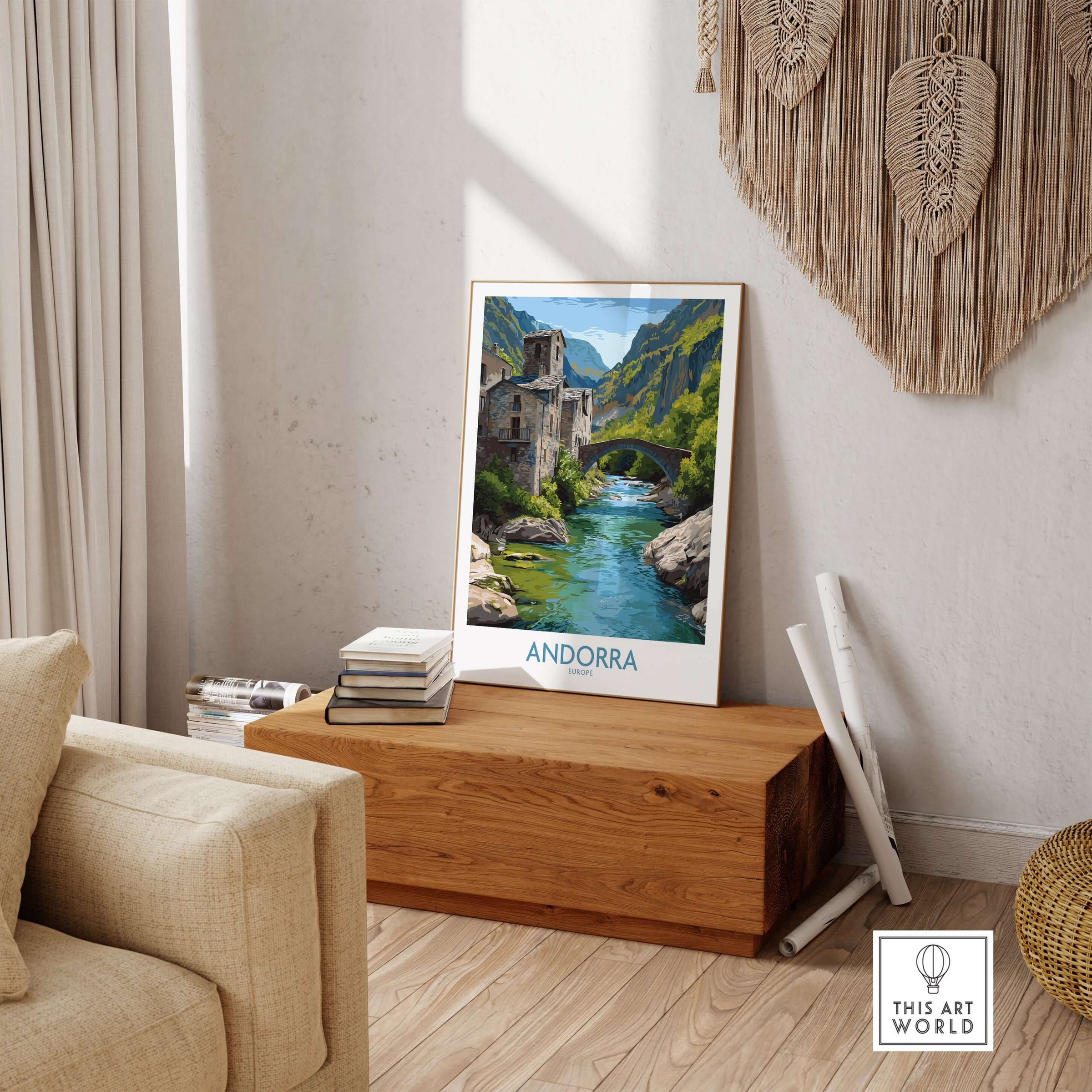 Andorra Old Town River Bridge Art Print | Pyrenees Architecture Poster displayed in a stylish living room.