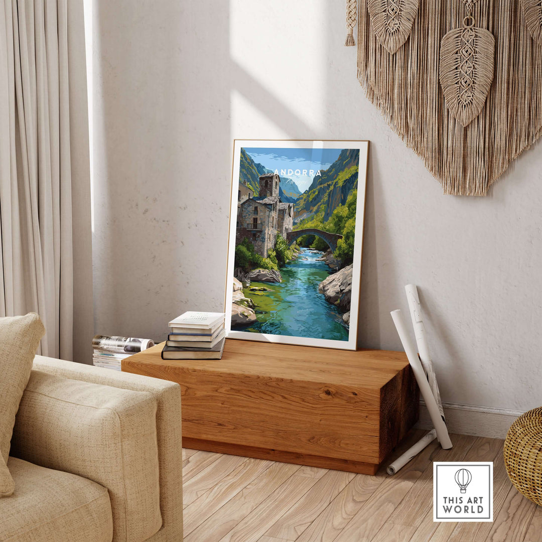 Andorra Poster | European Mountain Valley Decor displayed in a cozy living room setting with natural elements.