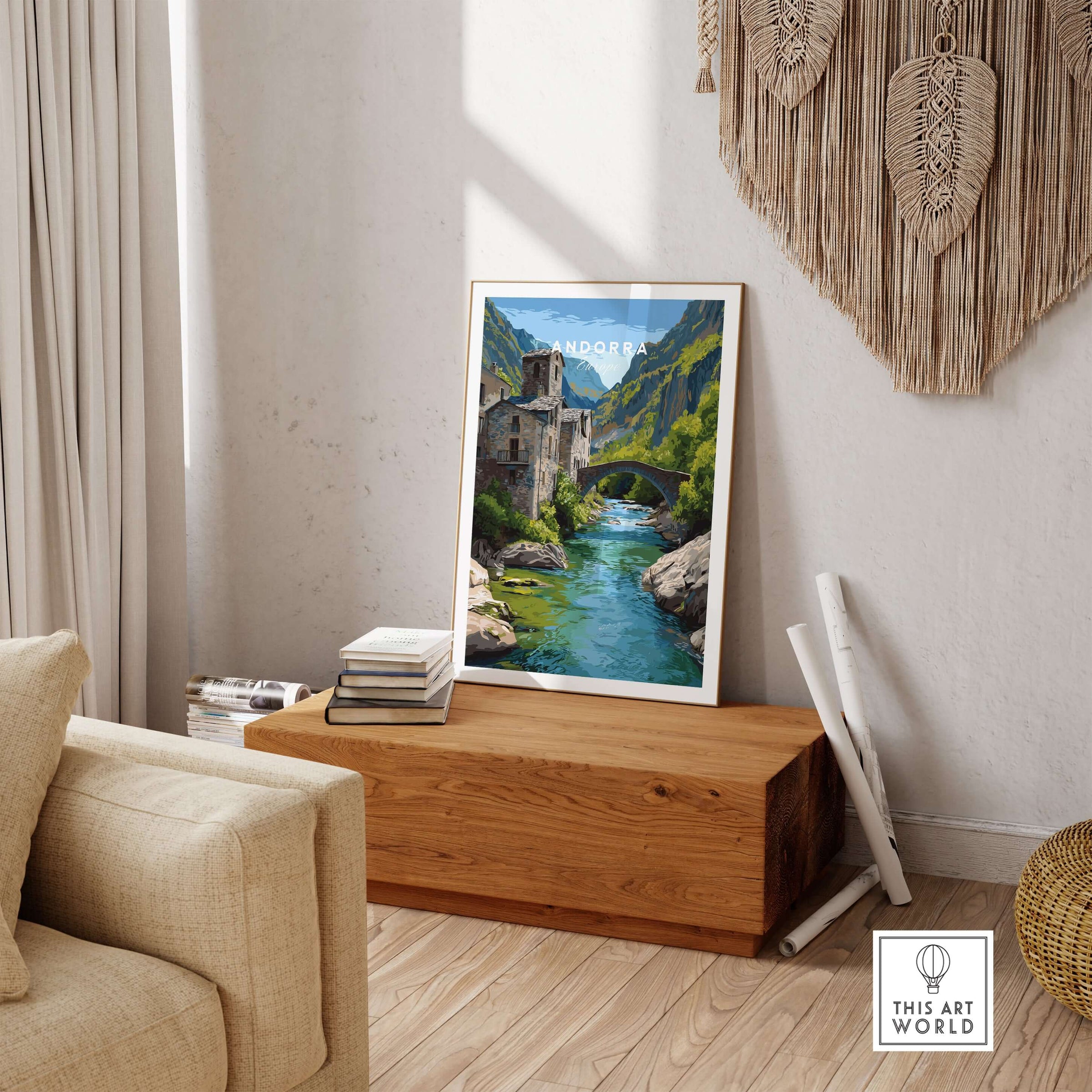 Andorra Poster | European Mountain Valley Decor displayed in a stylish living room with natural elements.