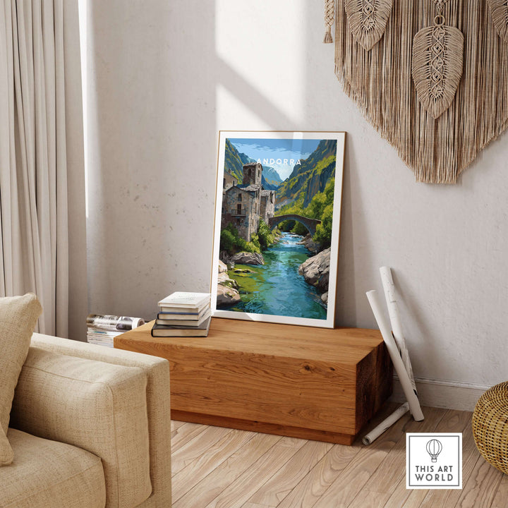 Andorra Poster | European Mountain Valley Decor displayed in a cozy living room setting with natural elements.