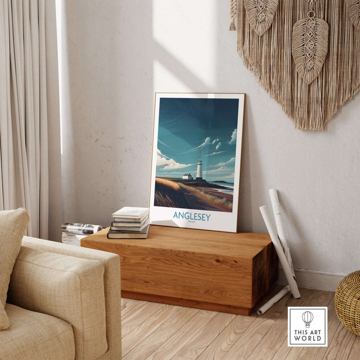 Anglesey Wales seascape beach path poster displayed in a cozy living room setting with natural decor.