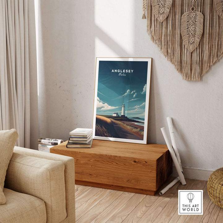 Anglesey Wales Lighthouse Coastal Print showcased in a stylish home setting, adding serene coastal charm to decor.