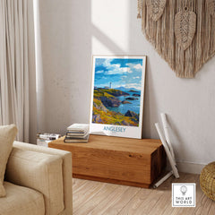 Anglesey Wales Print Grassy Cliffs Landscape - Welsh Island Travel Decor displayed in a cozy living room setting.