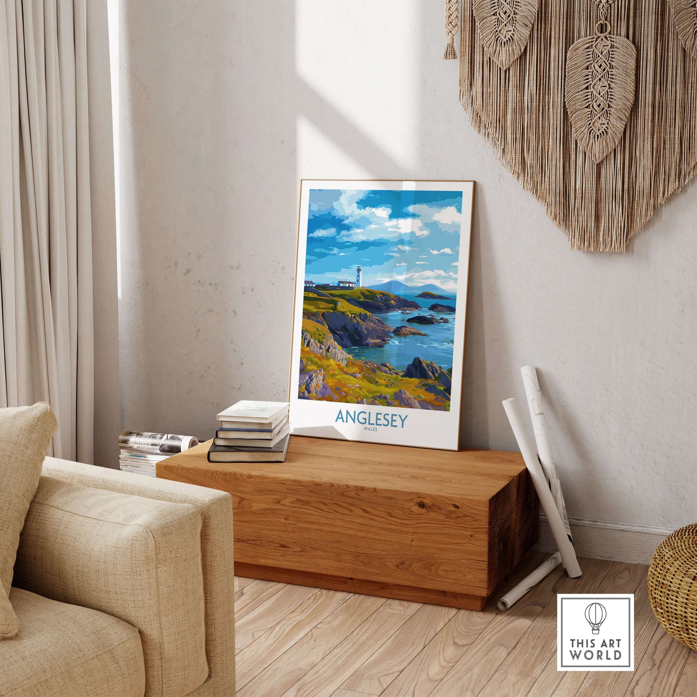 Anglesey Wales Print Grassy Cliffs Landscape - Welsh Island Travel Decor displayed in a cozy living room setting.