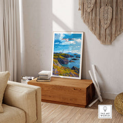 Anglesey Wales Poster Rocky Coast Lighthouse - Celtic Sea Wall Art displayed in a stylish interior setting.