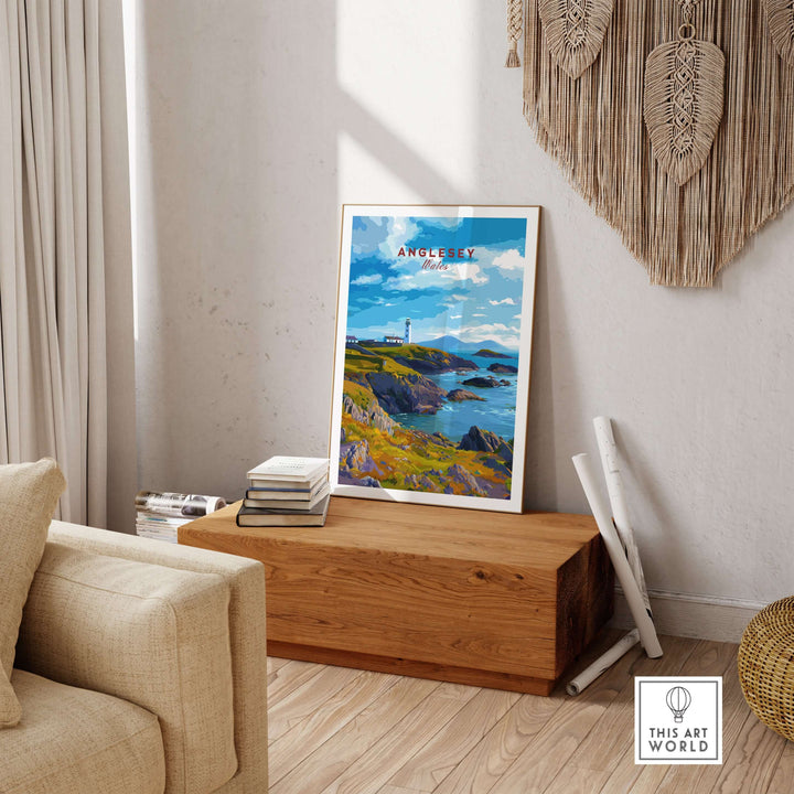 Anglesey Wales poster featuring a rocky coast and lighthouse, showcasing Celtic charm in a cozy living room setting.