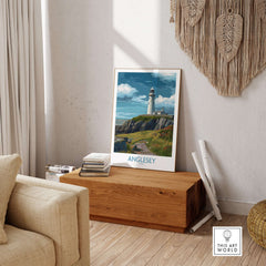 Anglesey Wales Scenic Seascape Poster - Welsh Lighthouse Decor displayed in a stylish living room setting.