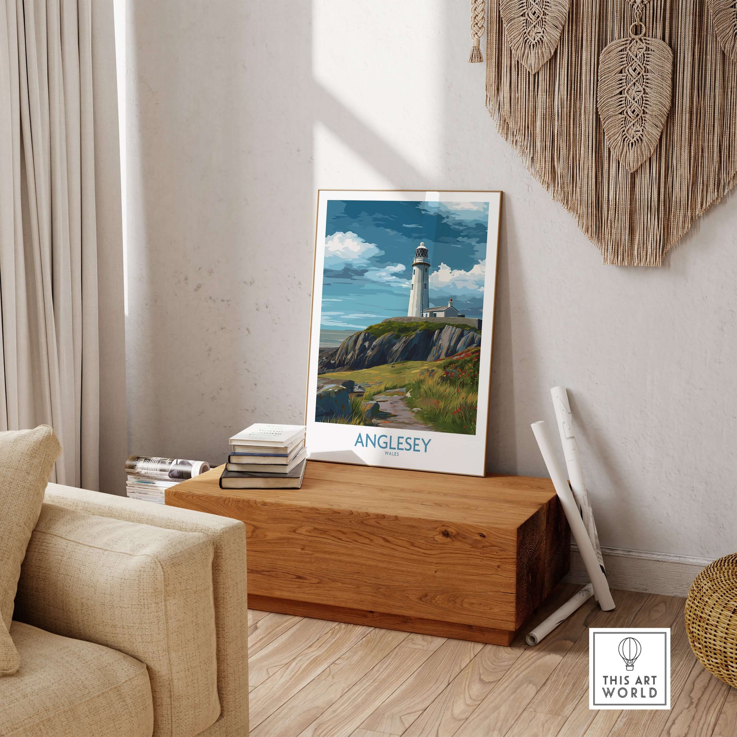 Anglesey Wales Scenic Seascape Poster - Welsh Lighthouse Decor displayed in a stylish living room setting.
