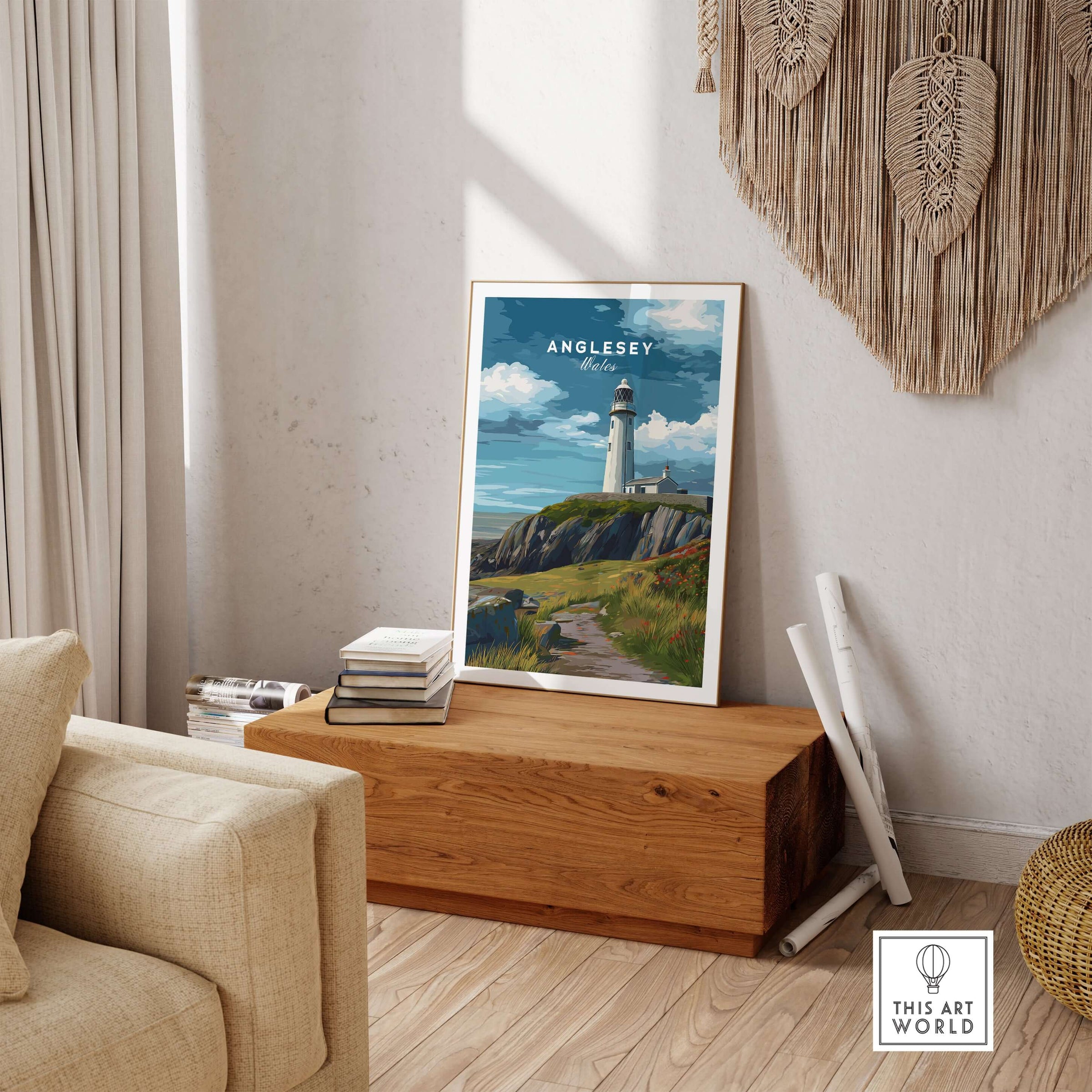 Anglesey Wales Lighthouse on Cliffs Print - Coastal Path Wall Art displayed in a cozy living room setting.
