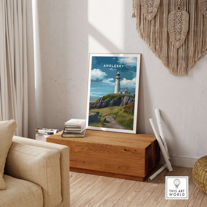 Anglesey Wales lighthouse print on cliffs, coastal path wall art in stylish interior decor.