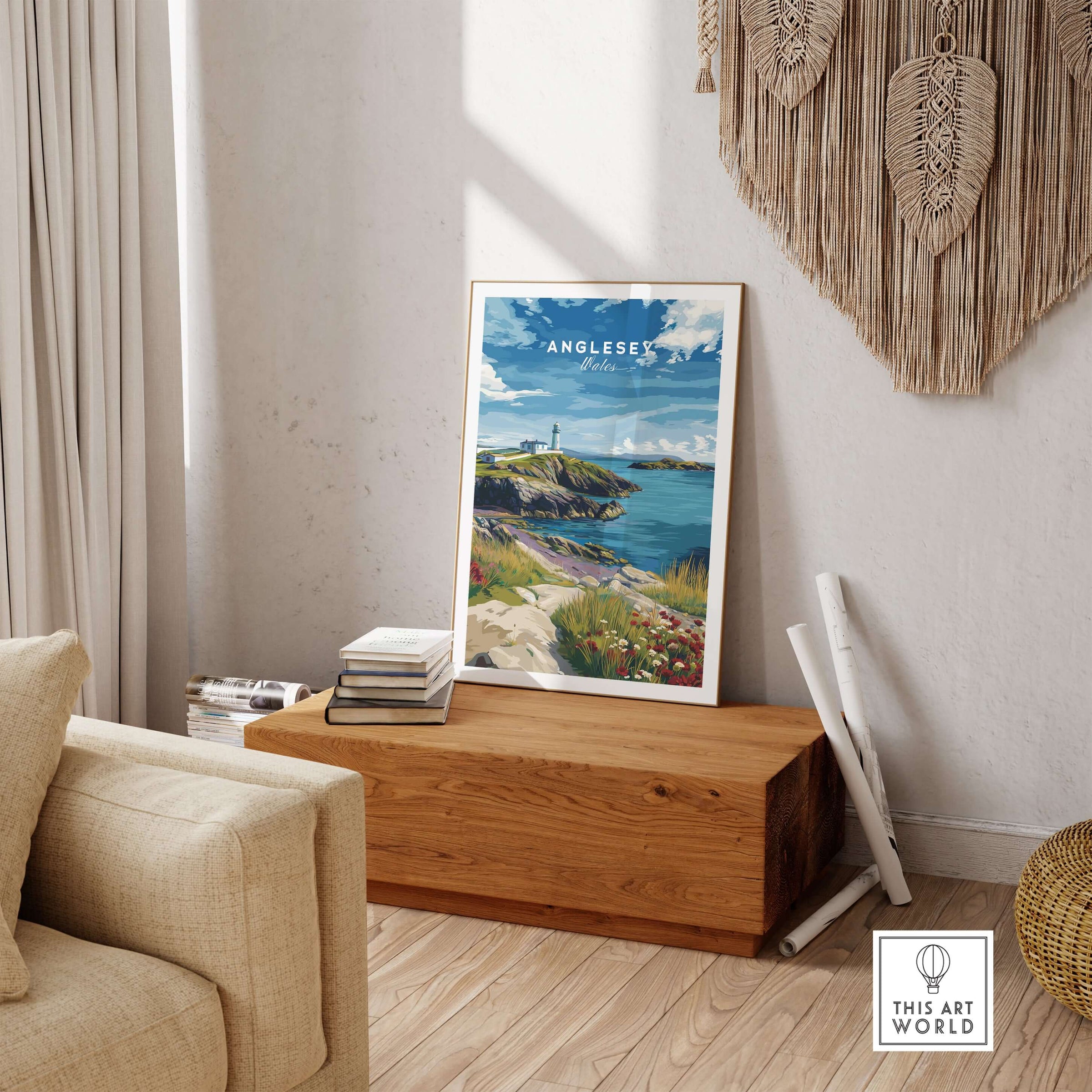 Anglesey Wales Wildflowers Lighthouse Poster - Vibrant Coastal Wall Art displayed in a cozy living room setting.
