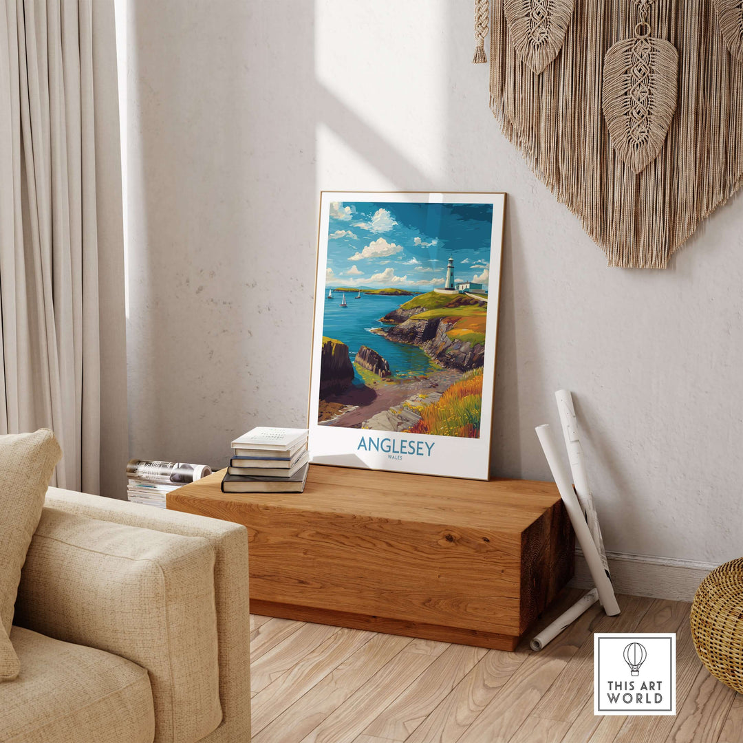 Anglesey Wales ocean view travel poster displayed in a stylish living room with coastal decor.