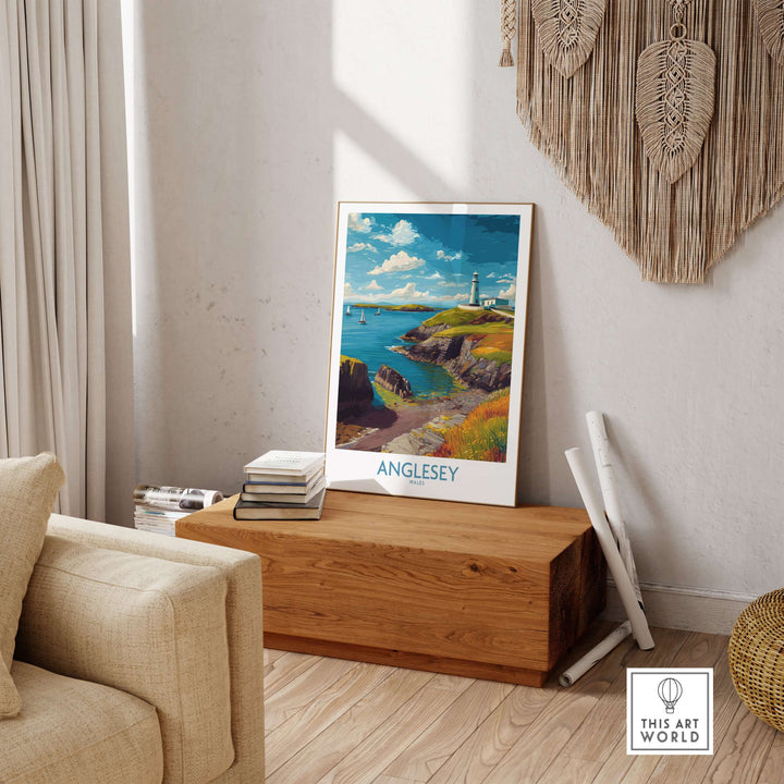 Anglesey Wales ocean view travel poster displayed in a stylish living room with coastal decor.
