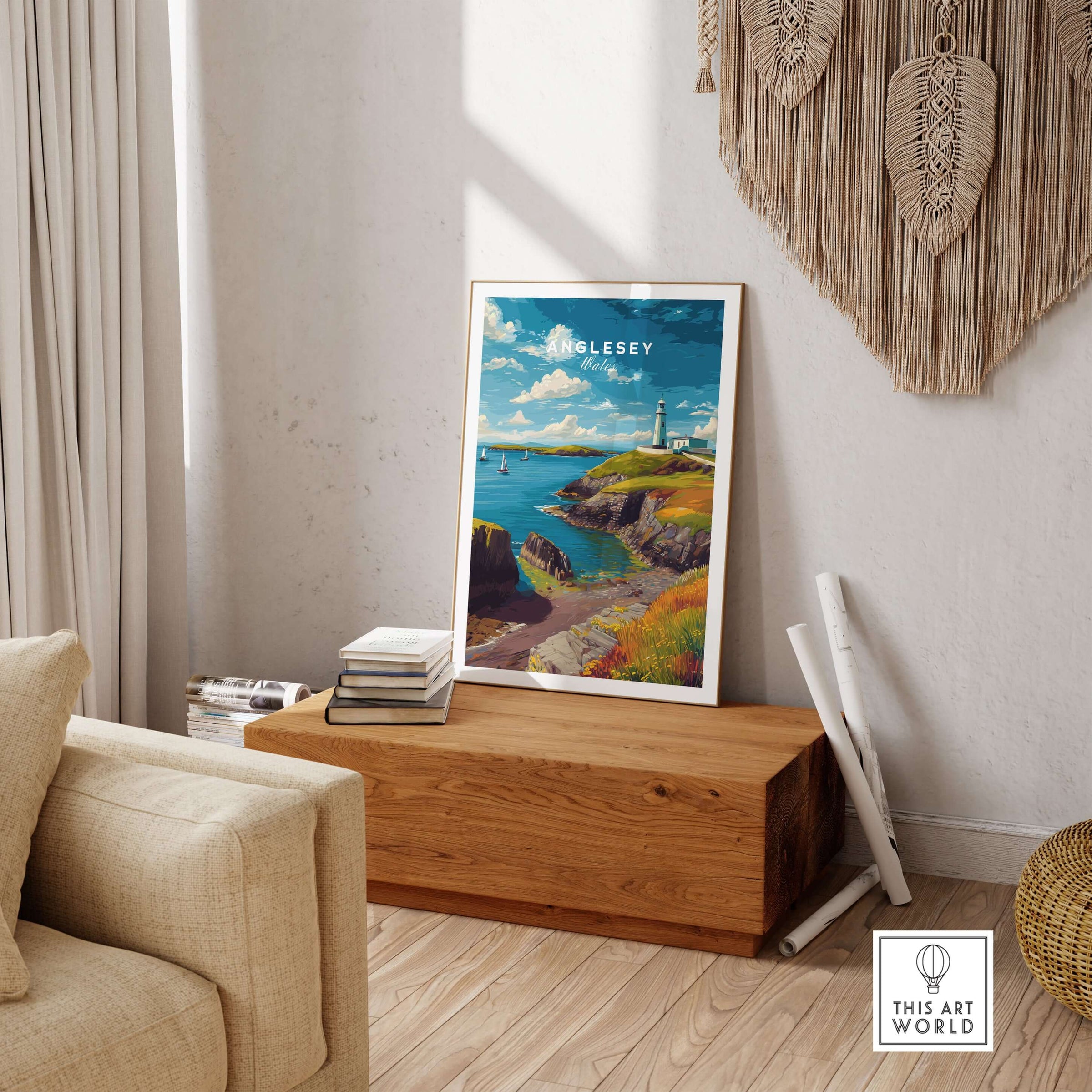Anglesey Wales Sailboats & Lighthouse Print - Nautical Coastal Wall Art displayed in a cozy living room setting.