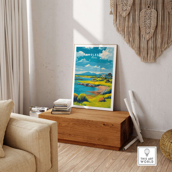 Anglesey Wales green coastline print in a cozy living room showcasing rural landscape art.