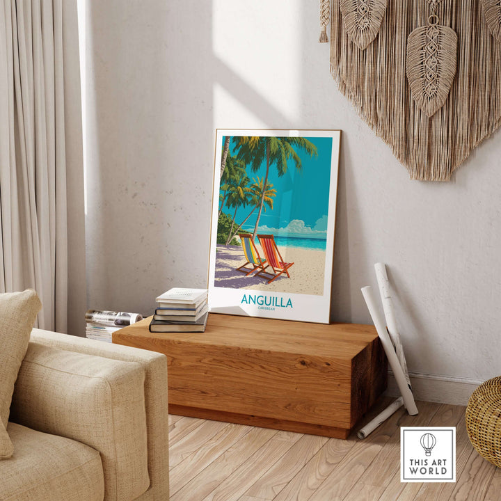 Anguilla Caribbean sunset poster on wooden bench, with vibrant colors capturing island tranquility and travel inspiration.