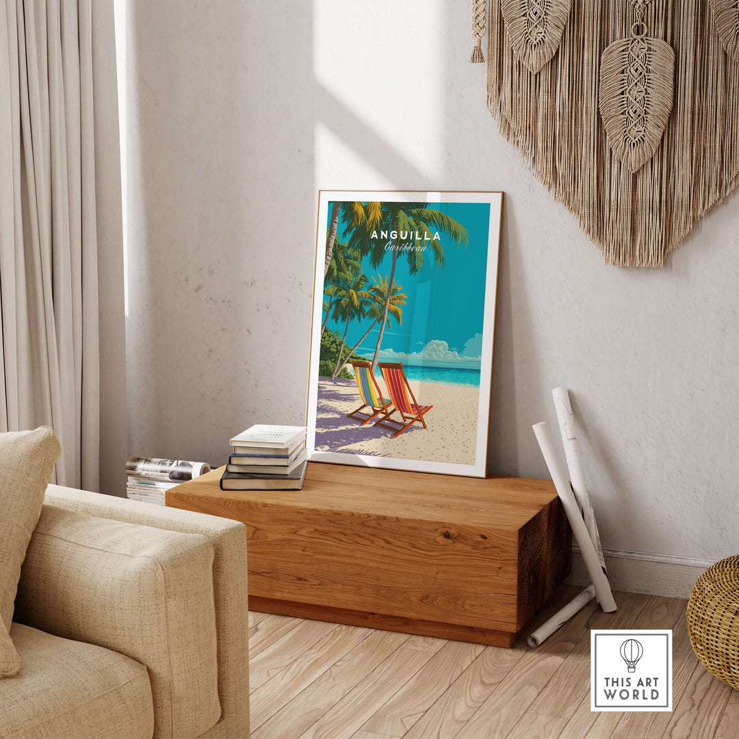 Anguilla Caribbean wall art print featuring tropical beach scene with colorful chairs in serene room setting.