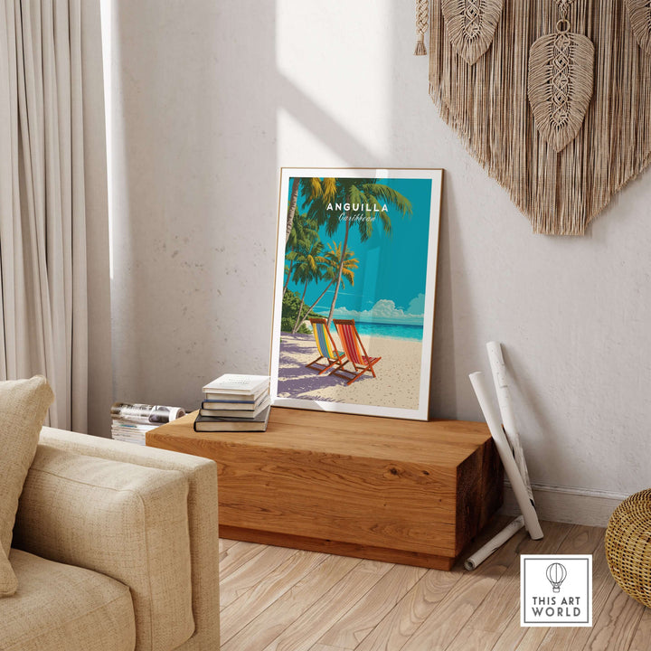 Anguilla Caribbean wall art print featuring tropical beach scene with colorful chairs in serene room setting.