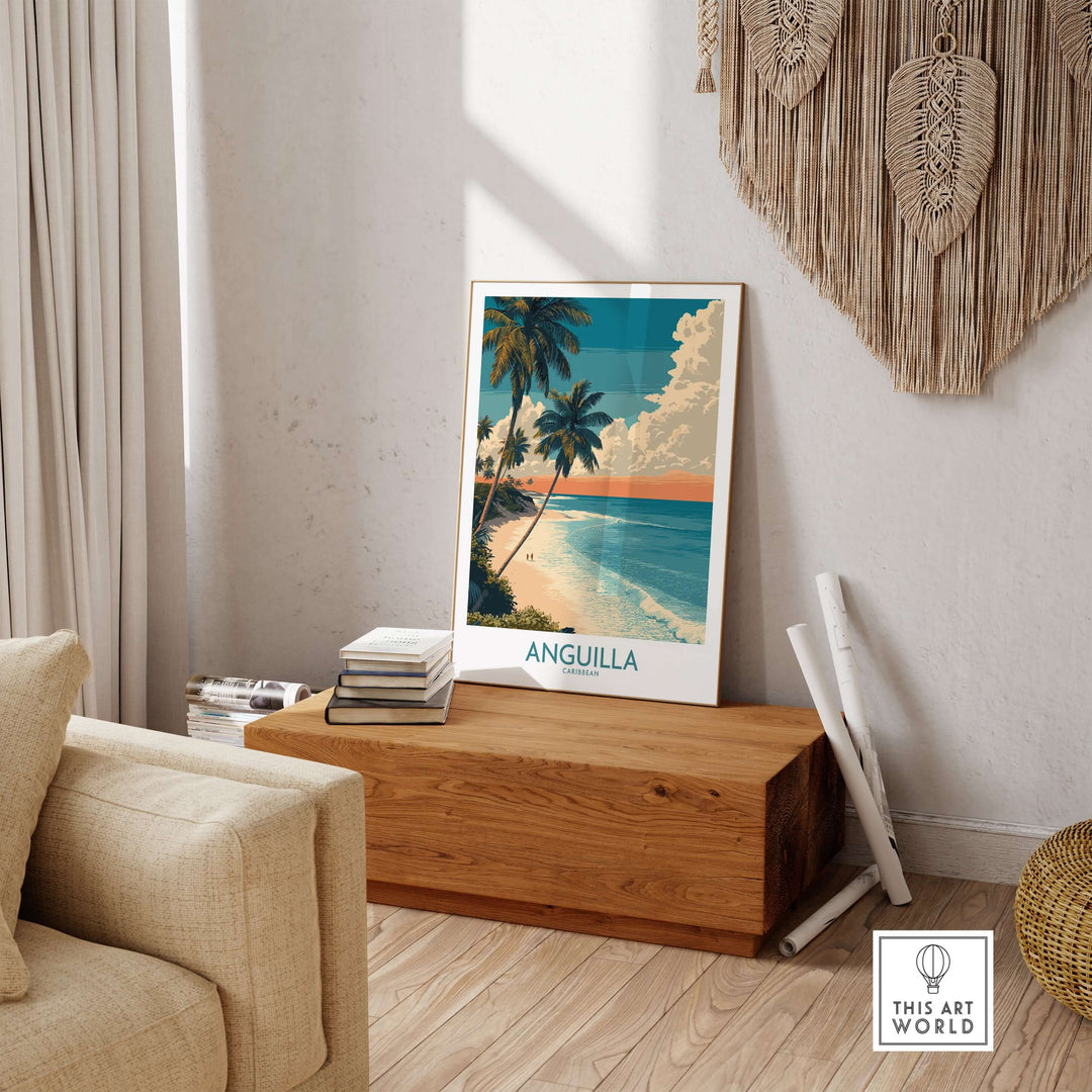 Anguilla Caribbean poster showcasing tropical beach and palm trees, perfect for home décor and travel inspiration.