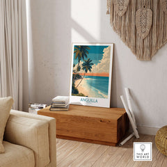 Anguilla Caribbean Poster - Caribbean Travel Print displayed in a stylish home setting with tropical beach scene.