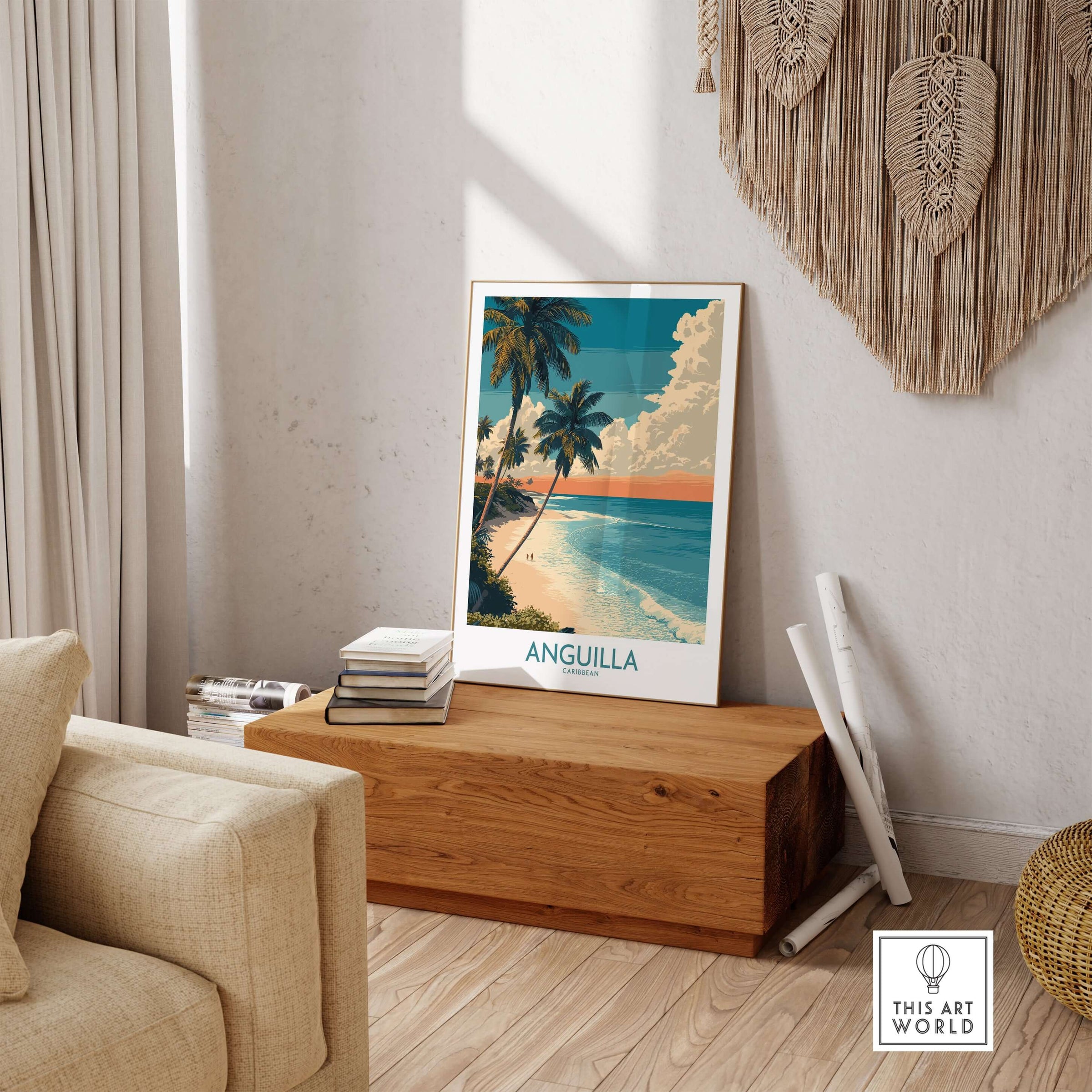 Anguilla Caribbean Poster - Caribbean Travel Print displayed in a stylish home setting with tropical beach scene.