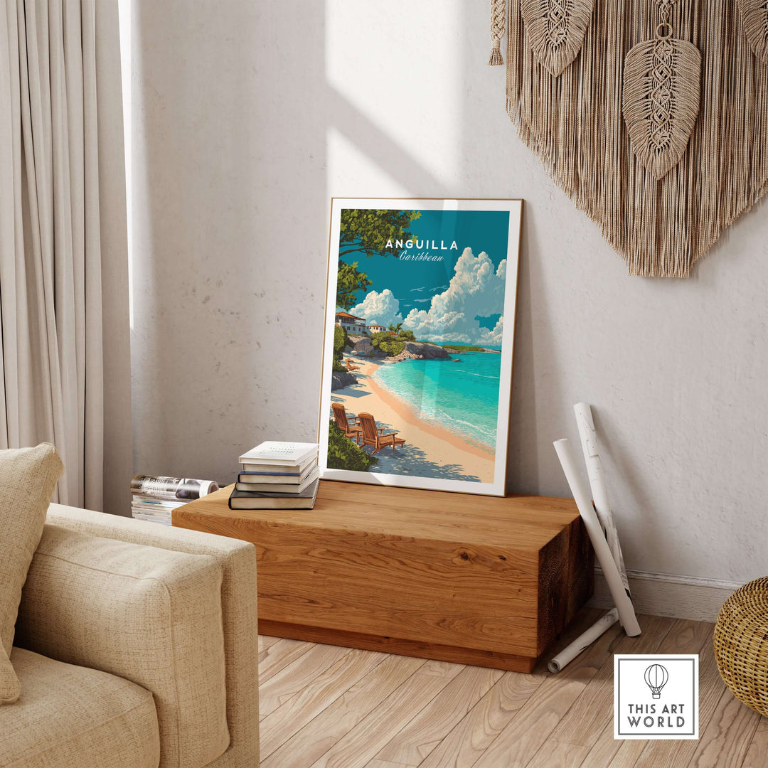 Anguilla Caribbean beach print displayed in a stylish living room, showcasing serene turquoise waters and sandy shores.