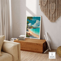 Anguilla Caribbean Beach Print displayed in a cozy living room with serene coastal scenery.