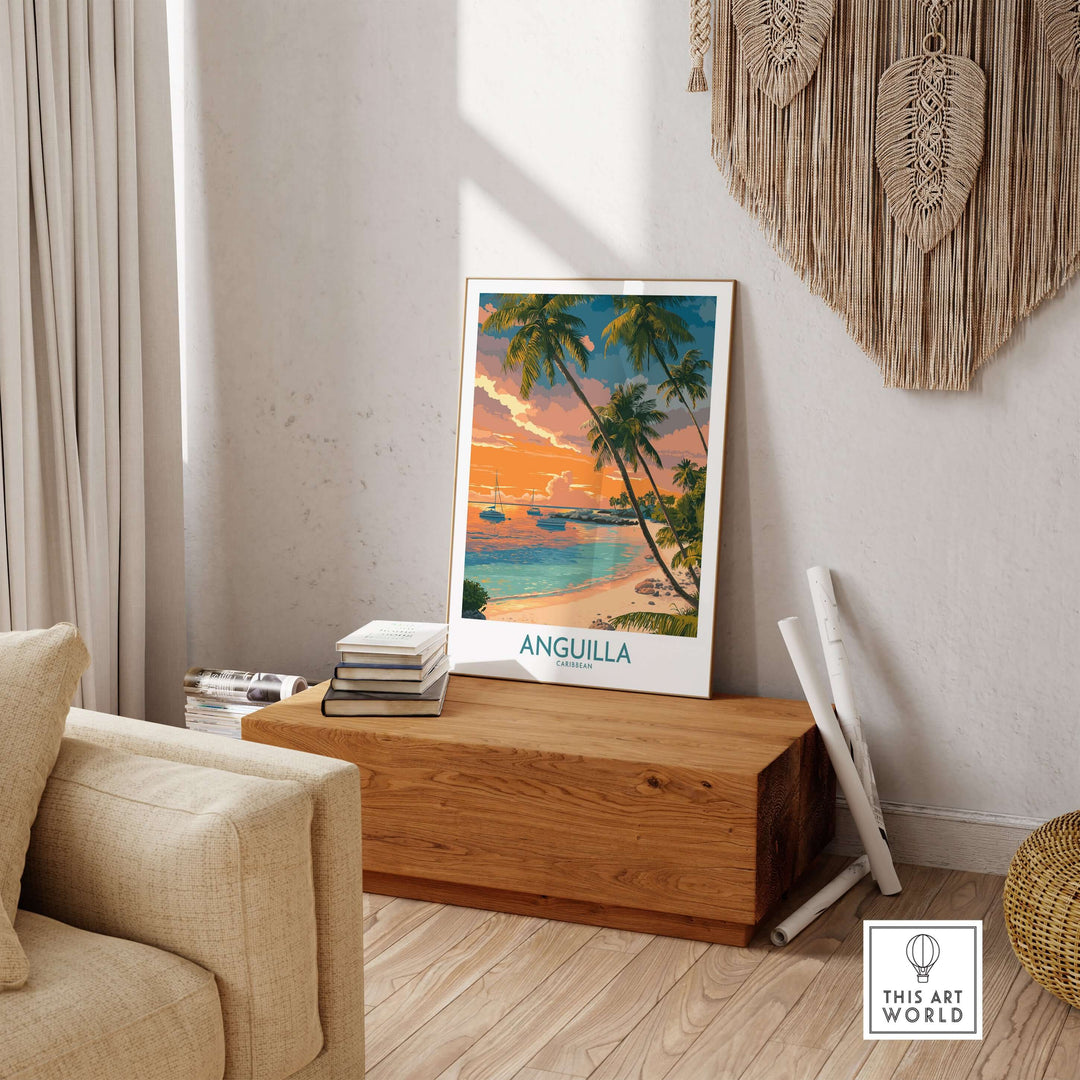 Anguilla Caribbean sunset print displayed in a cozy living room, showcasing tropical elegance and serene island vibes.