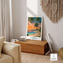 Anguilla Caribbean Print - Caribbean Seascape Wall Art showcasing a tropical beach scene with palm trees and sunset in home decor.