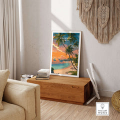 Anguilla Poster Caribbean Sunset Poster - Vibrant Beach Scene Art displayed in a stylish living room setting.
