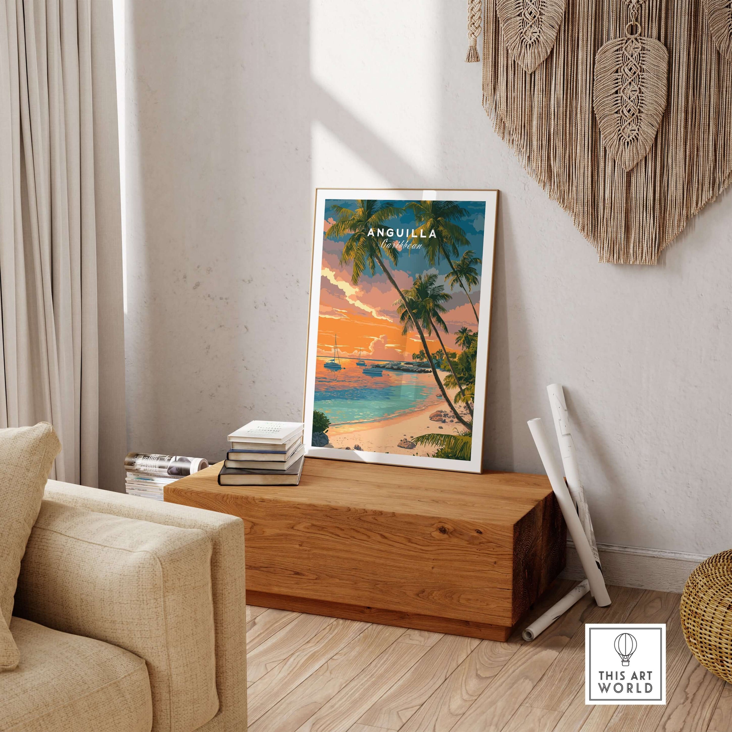 Anguilla Poster Caribbean Sunset Poster - Vibrant Beach Scene Art displayed in a stylish living room setting.