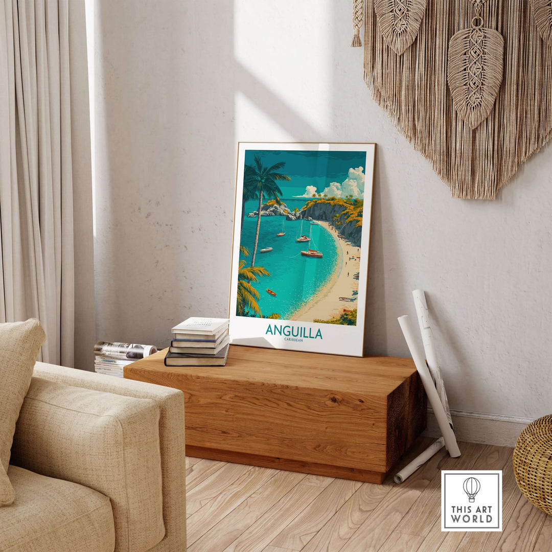 Anguilla Caribbean beach poster showcasing tropical paradise with clear waters and sand, perfect for home décor.