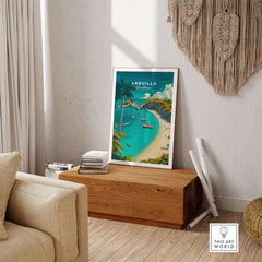 Anguilla Travel Poster -  Caribbean Wall Art showcasing tropical beach scenery in a stylish home setting.