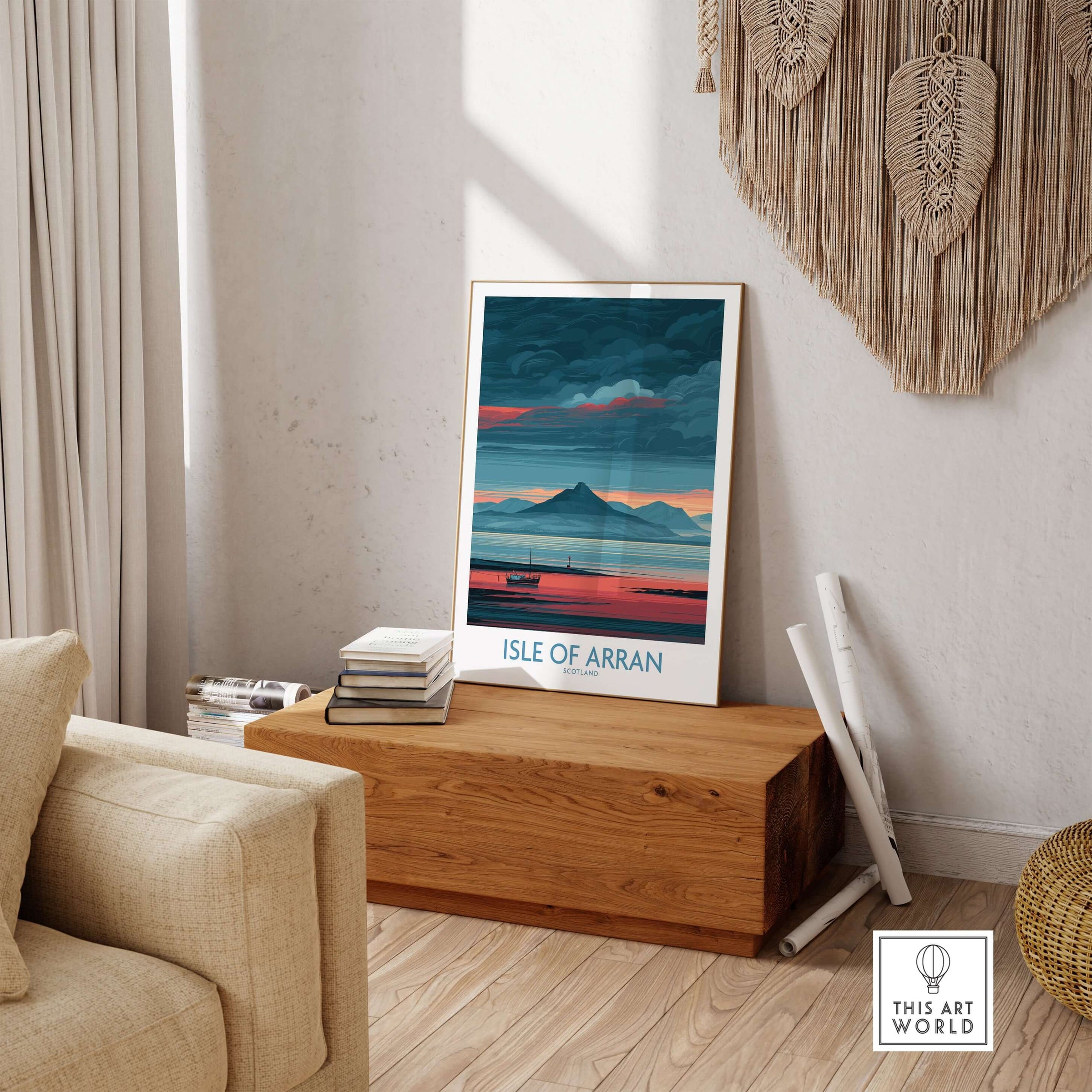 Isle of Arran Poster Scotland Coastal Seascape - Isle of Arran Travel Print displayed in a stylish living room setting.