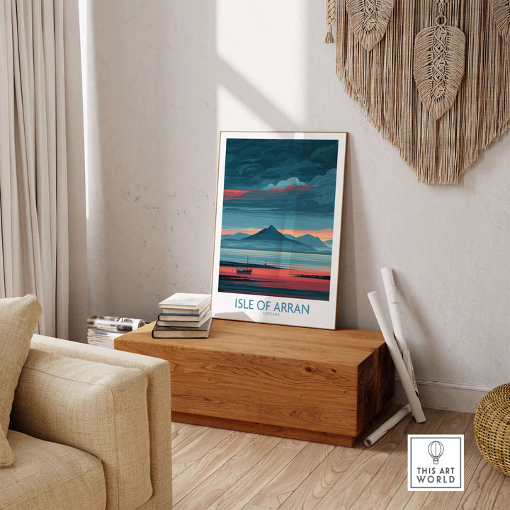 Isle of Arran coastal seascape poster displayed in a stylish living room with natural decor.