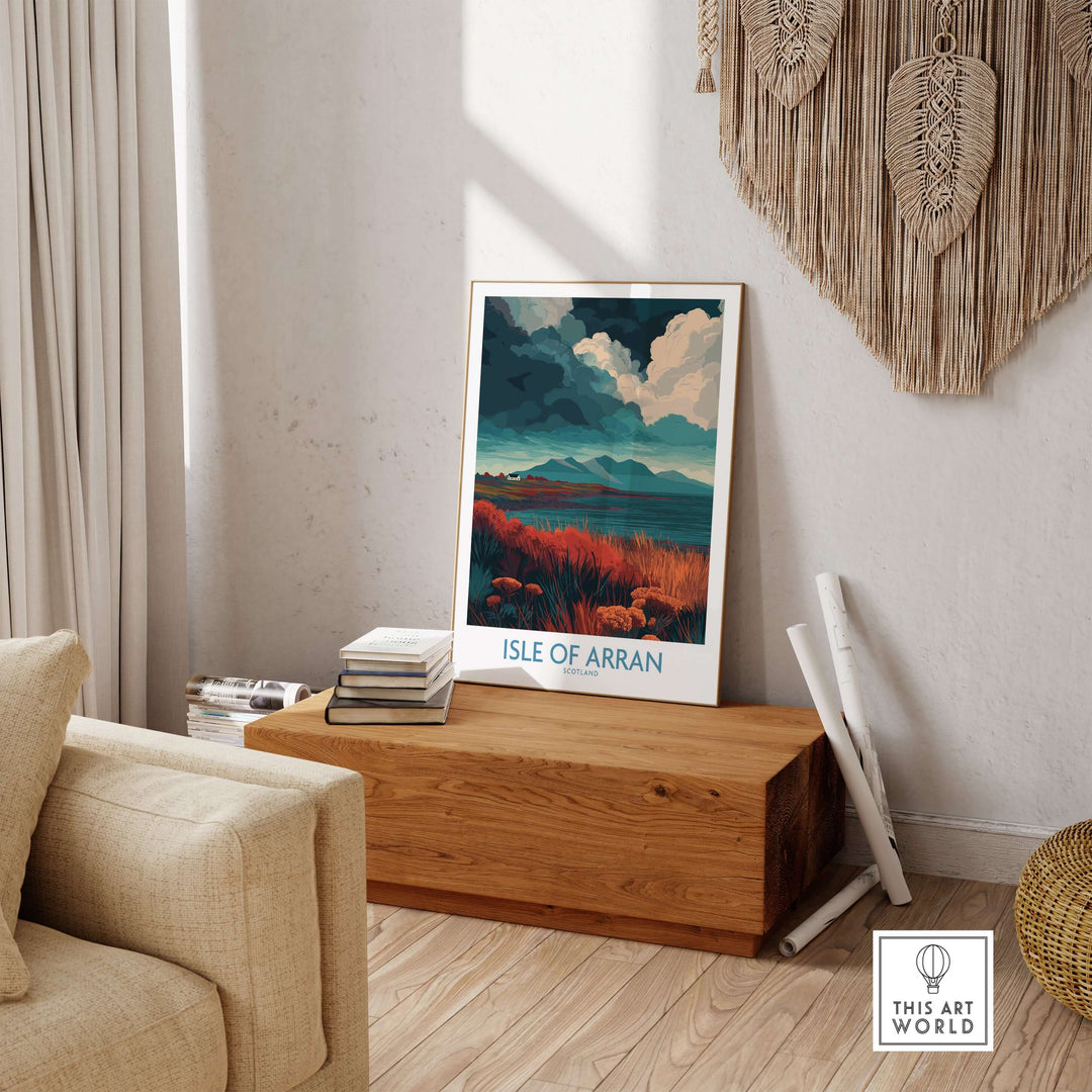 Isle of Arran poster showcasing a stormy sky landscape, ideal for home decor with a touch of Scottish beauty.