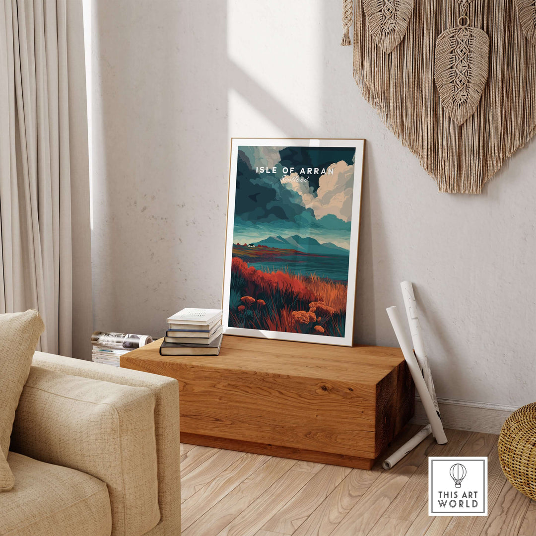 Isle of Arran wall art print showcasing rugged Scottish Highlands in a cozy living room setting.