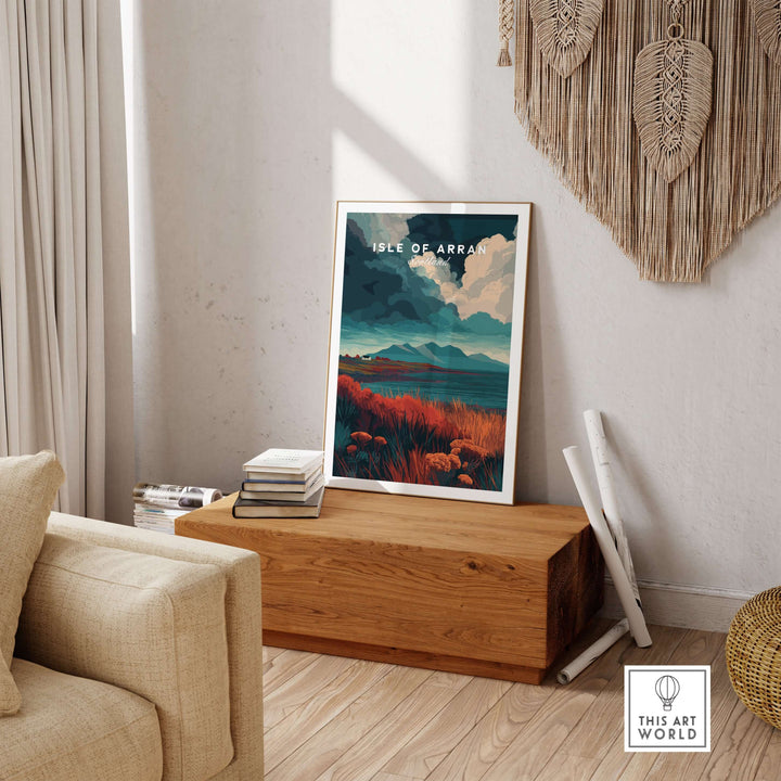Isle of Arran wall art print showcasing rugged Scottish Highlands in a cozy living room setting.