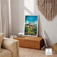 Athens Travel Print showcasing the beauty of Athens with vibrant colors and historic scenery in a modern interior setting.