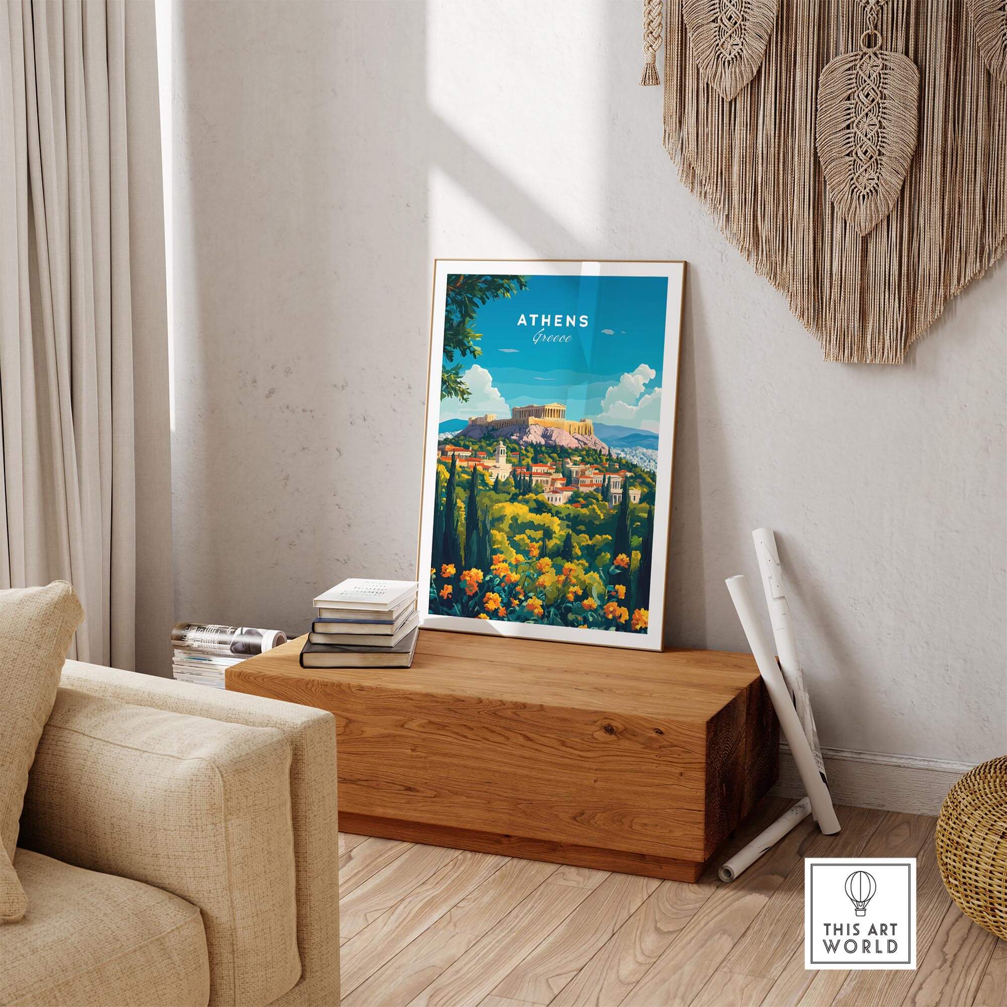 Athens Travel Print showcasing the beauty of Athens with vibrant colors and historic scenery in a modern interior setting.
