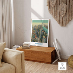 Bangkok Thailand Modern City View Wall Art - Cityscape Poster displayed in a modern living room setting.