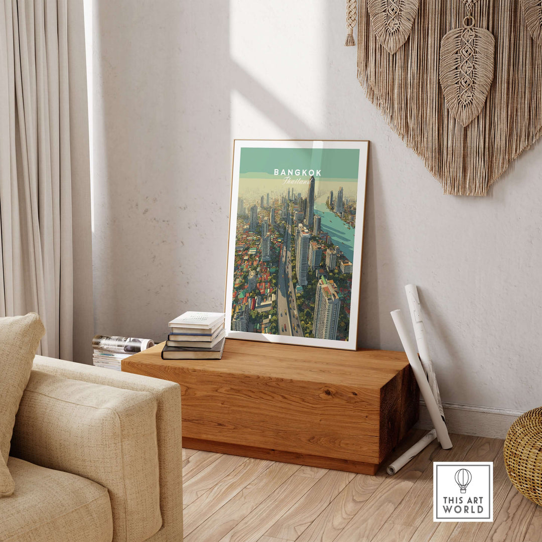 Bangkok Thailand city skyline poster displayed in a modern living room setting, showcasing urban landscape art.