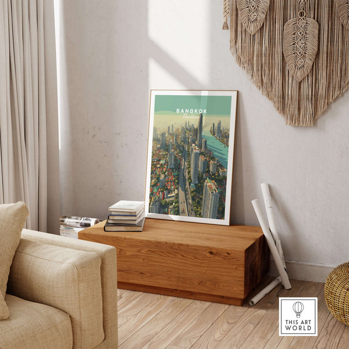 Bangkok Thailand city skyline poster displayed in a modern living room setting, showcasing urban landscape art.