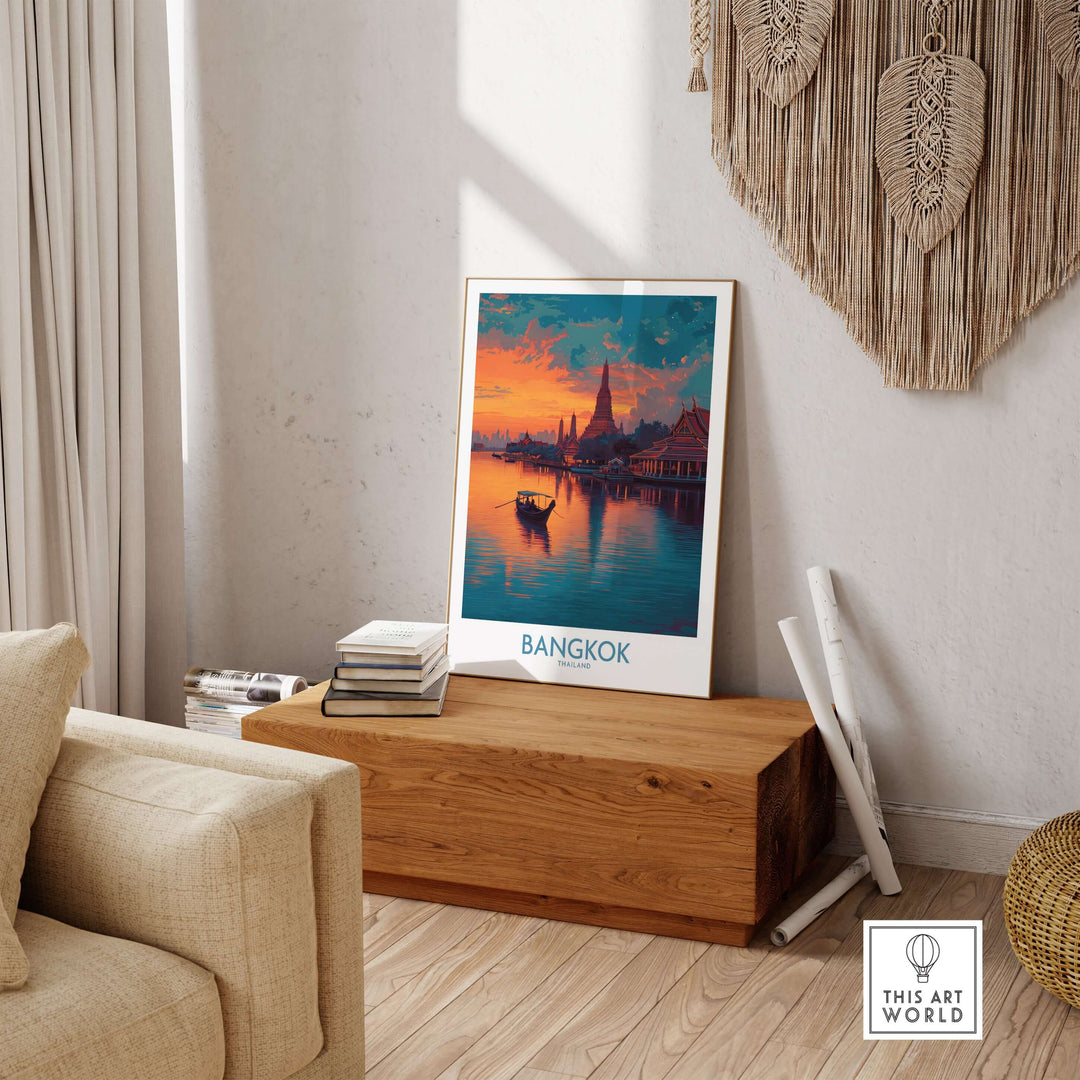 Bangkok riverboat poster at dusk, showcasing Thai landmark with serene evening colors in stylish interior.