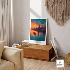 Bangkok Poster Thailand Riverboat at Dusk - Thai Landmark Travel Print displayed in a stylish interior setting.