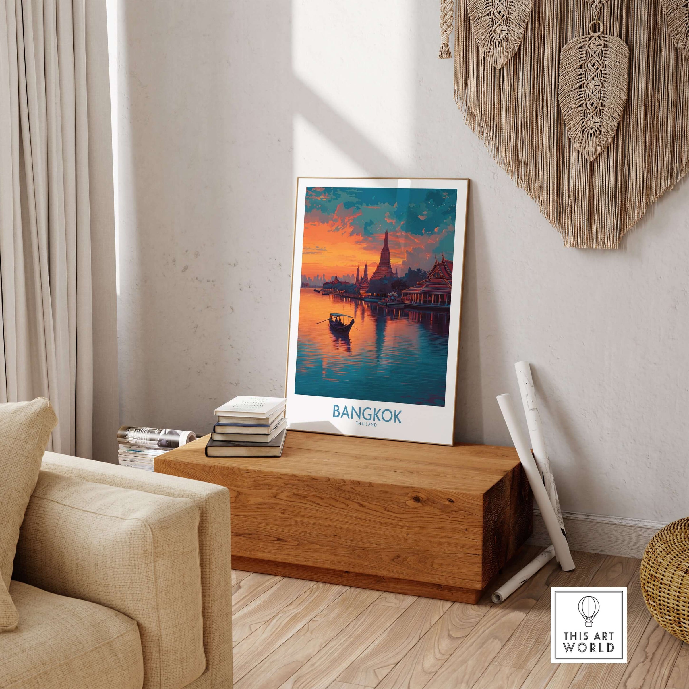 Bangkok Poster Thailand Riverboat at Dusk - Thai Landmark Travel Print displayed in a stylish interior setting.