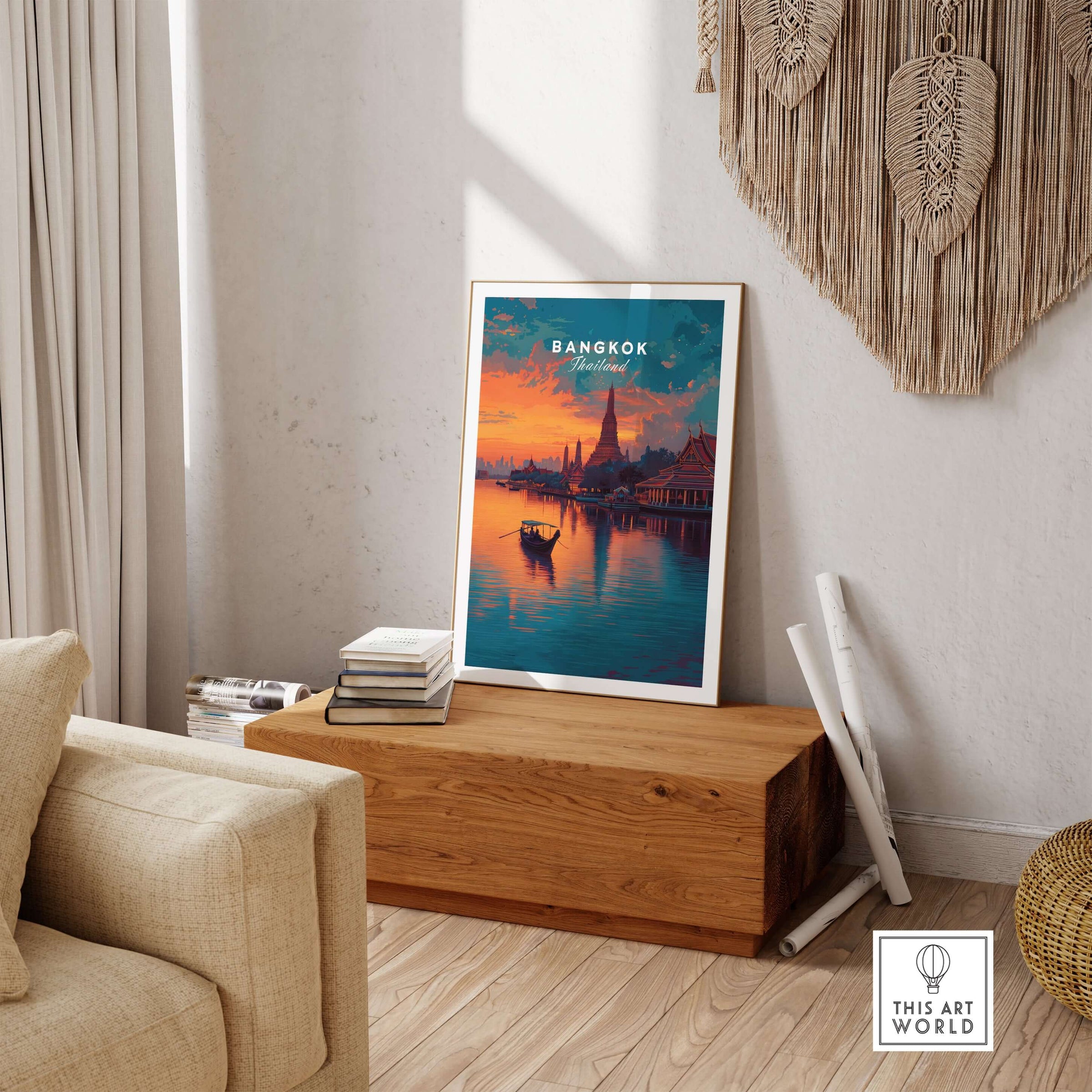 Bangkok Thailand Wat Arun Sunset Reflection Print - Temple of Dawn Wall Art displayed in a stylish interior setting.