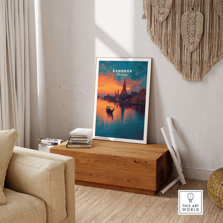 Bangkok Wat Arun sunset reflection print displayed in a stylish living room decor setting.